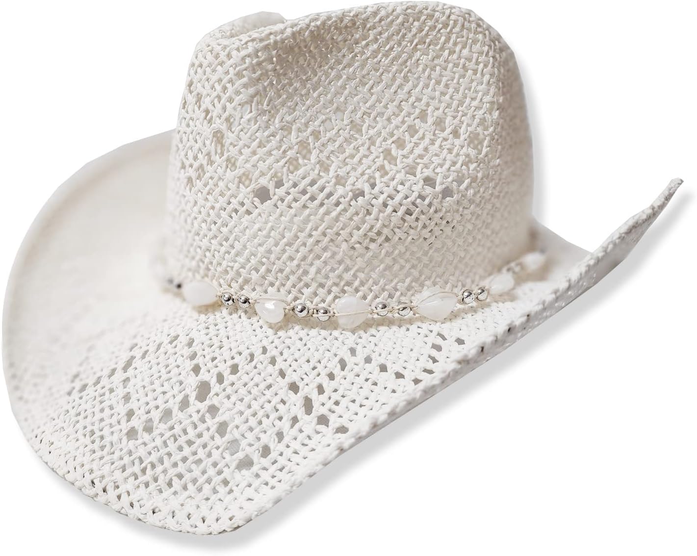 Western Cowgirl Hat, Straw Cowboy Hat for Women with Shapeable Brim, Beaded Hearts Trim, Shapeable Cowboy Hat